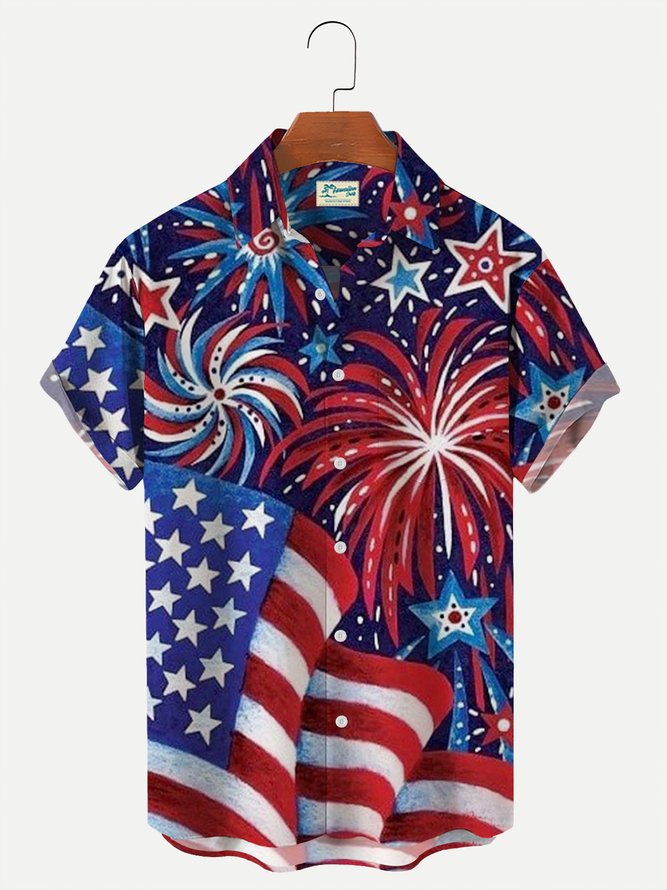 American Flag And Fireworks Print Men's Hawaiian Short Sleeve Shirts Holiday Plus Size Shirts