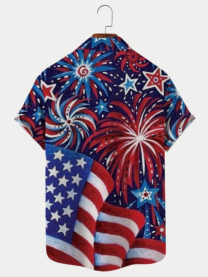 American Flag And Fireworks Print Men's Hawaiian Short Sleeve Shirts Holiday Plus Size Shirts