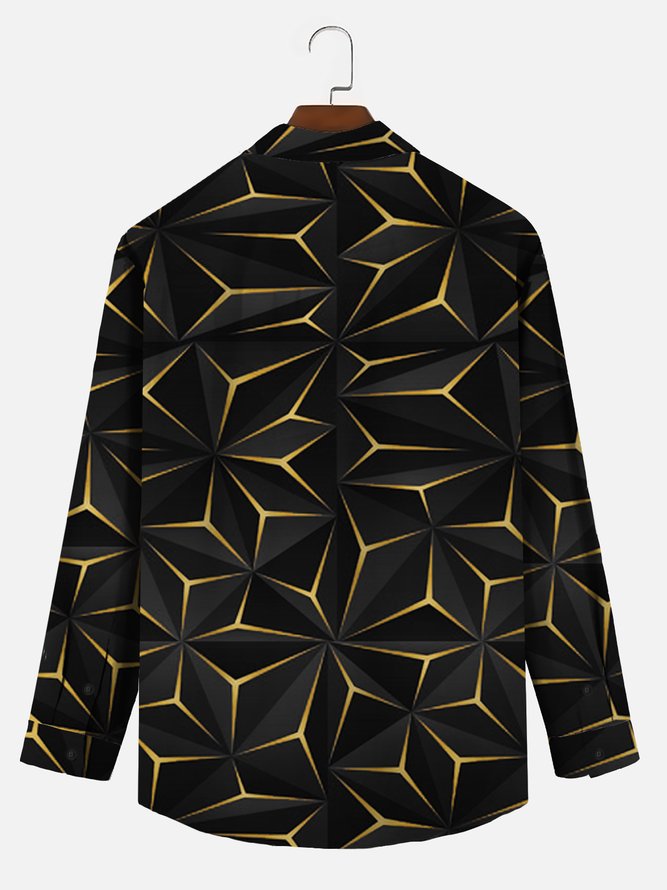 Royaura 3D Geometric Long Sleeve Shirts Art Black Gold Color Fashion Button Up Trend Shirts