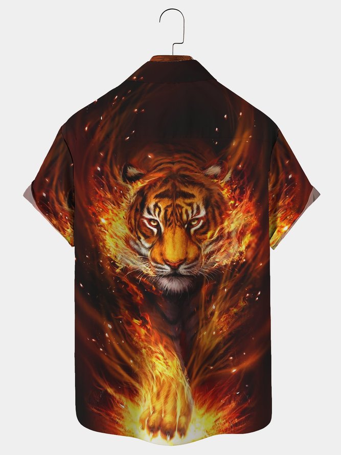 Royaura Tiger Flame Casual Men's Hawaiian Short Sleeve Shirt