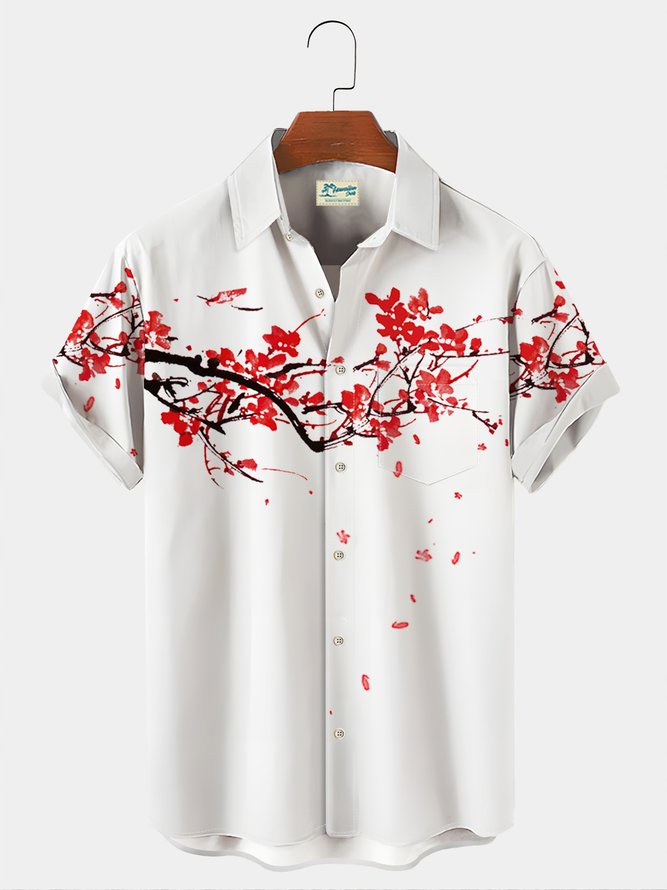 Royaura Japanese Retro Casual Men's Shirts Plum Blossom Art Wrinkle Free Seersucker Large Size Hawaiian Shirts