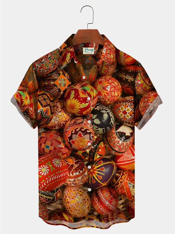 Royaura Easter Pattern Men's Ukrainian Folk Ornament Egg Hawaiian Short Sleeve Shirt