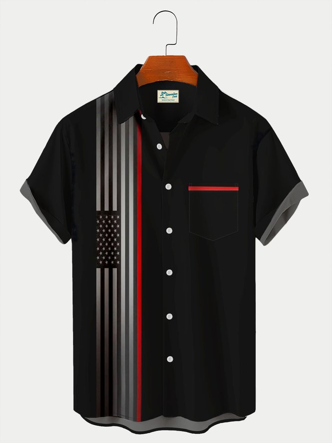 Vintage American Flag Print Men's Short Sleeve Bowling Shirts Comfortable Breathable Plus Size Shirts