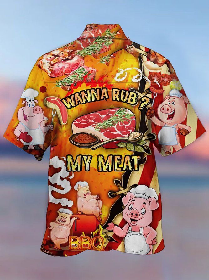 Royaura Men's Holiday Pork Food Wanna Rub My Meat Pattern Hawaiian Short Sleeve Button Up Shirt
