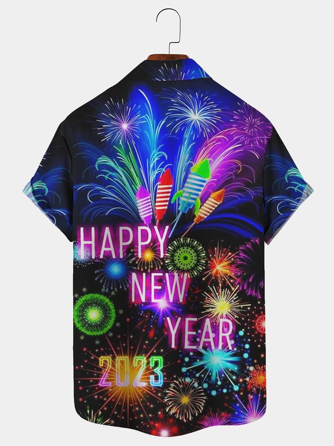 Royaura Happy New Year 2023 Men's Hawaiian Short Sleeve Shirt