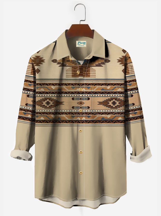 Royaura Cotton Linen Vintage Aztec Denim Western Ethnic Plus Size Men's Long Sleeve Shirt