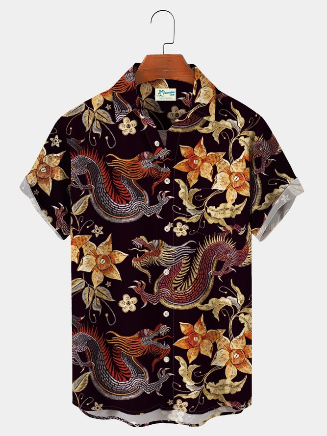 Royaura Japanese Vintage Men's Hawaiian Shirt Dragon Frangipani Art Large Size Quick Dry Aloha Plus Size Shirts