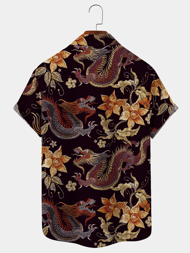 Royaura Japanese Vintage Men's Hawaiian Shirt Dragon Frangipani Art Large Size Quick Dry Aloha Plus Size Shirts