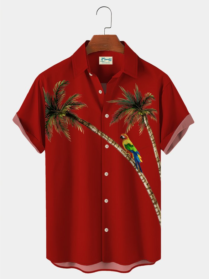 Royaura Beach Vacation Coconut Tree Men's Hawaiian Shirt Red Parrot