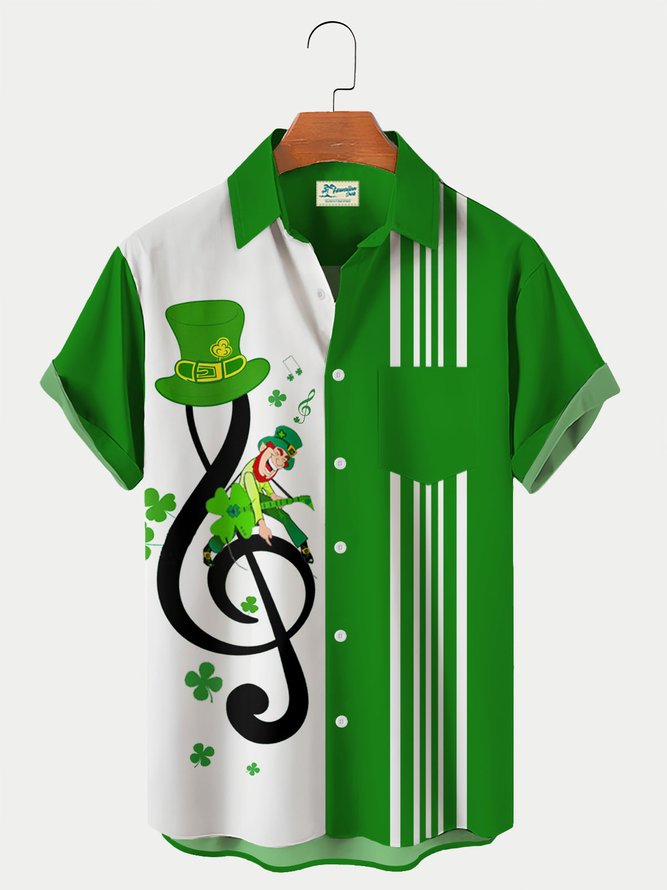St. Patrick's Day Musical Note Stripe Print Men's Vintage Bowling Shirts Breathable Plus Size Shirts