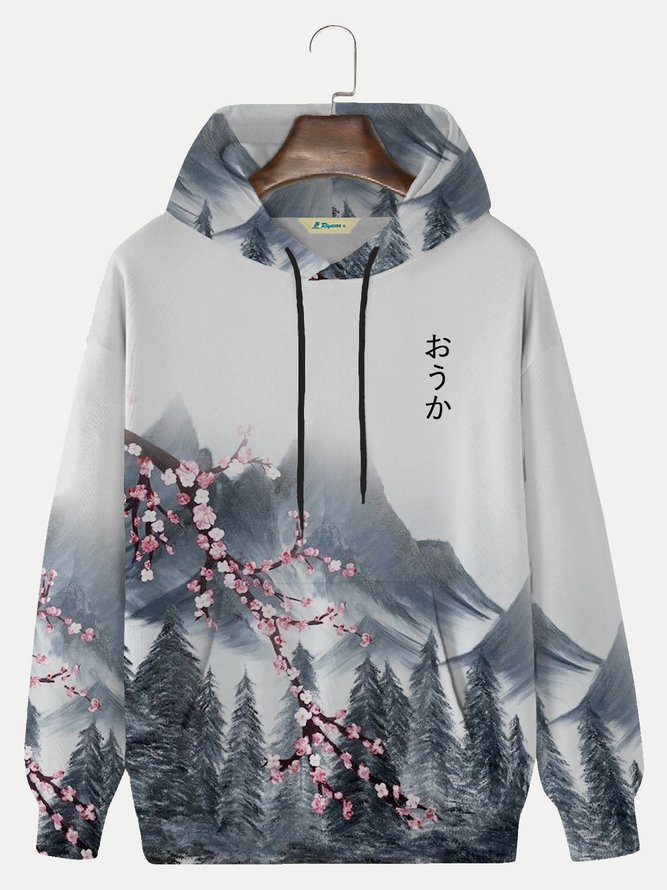 Royal Cotton Blended Japanese Cherry Blossom Snow Mountain Japanese Men's Casual Long Sleeve Hoodie