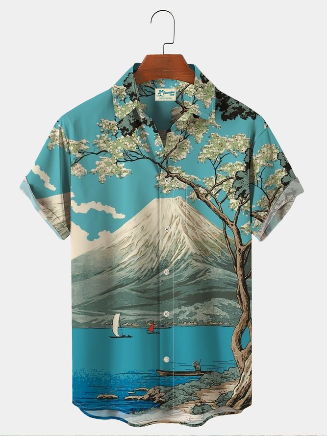 Royaura 50's Retro Casual Men's Hawaiian Shirts Japanese Mount Fuji Stretch Oversized Aloha Shirts