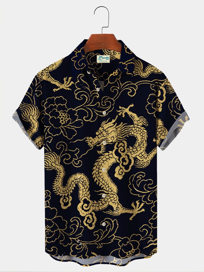 Royaura Japanese Oriental Dragon Art Shirts Stretch Oversized Hawaiian Shirts
