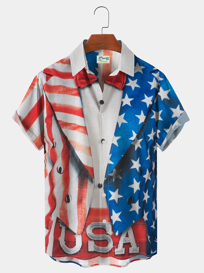 Royaura American Flag Graphic Men's Fake Two Piece Hawaiian Short Sleeve Shirt