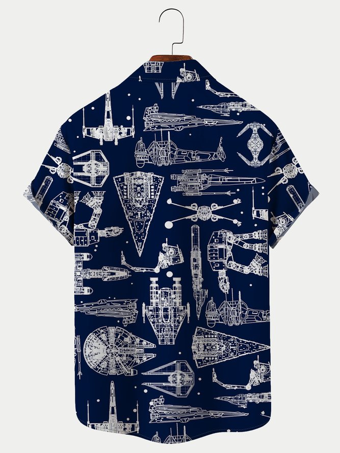 Royaura Men's Star Spaceships Print Casual Short Sleeve Hawaiian Shirts