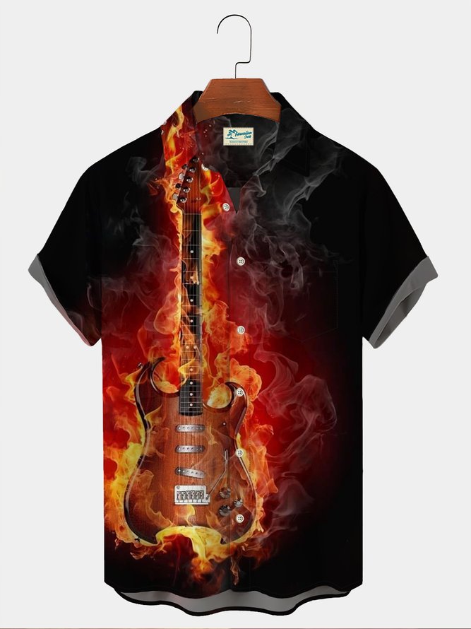 Royaura Casual Flame Rock Guitar Hawaiian Shirts Music Stretch Oversized Art Button Shirts