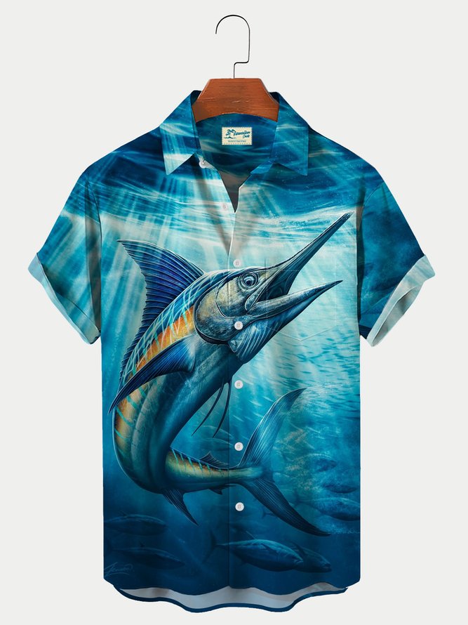 Royaura Marlin Sailfish Art Print Men's Hawaiian Shirt Seersucker Big and Tall Shirt