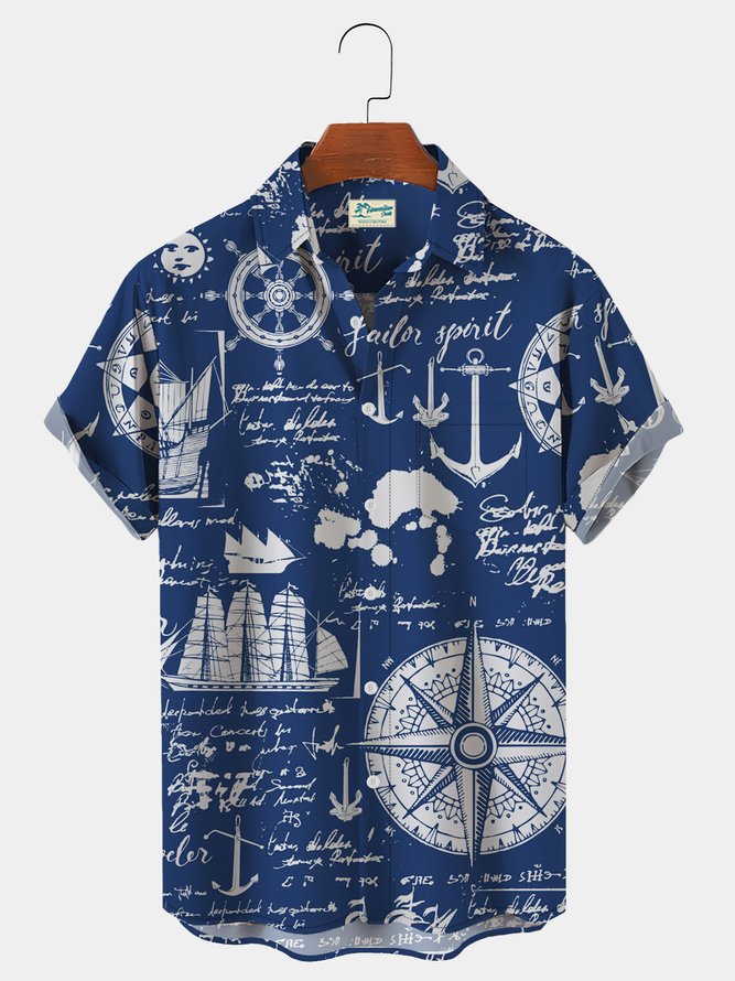 Royaura Vintage Nautical Compass Pirate Ship Hawaii Men's Short Sleeve Shirt