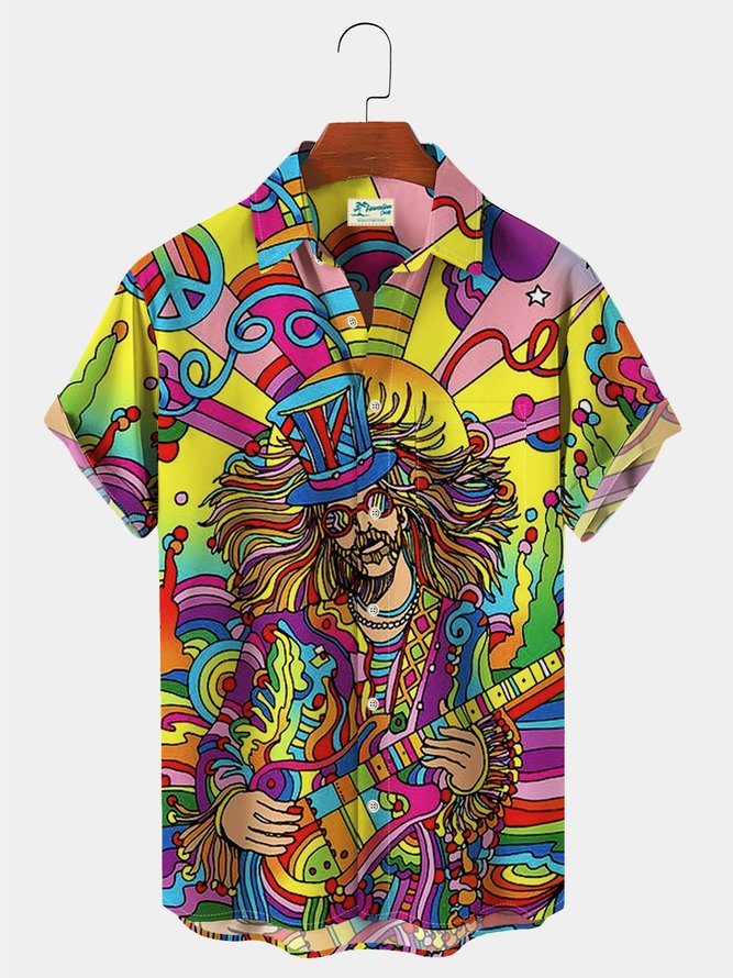 Royaura Vintage Casual Hippie Men's Hawaiian Shirts Stretch Easy Care Plus Size Music Art Aloha Shirts
