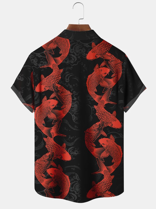 Men's Red-black Fish Pattern Casual Short Sleeve Shirt