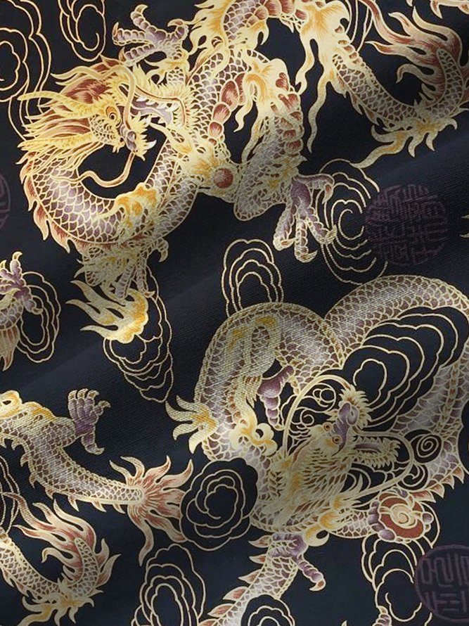 Royal Holiday Cotton Blended Black Oriental Element Chinese Dragon Men's Oversized Short Sleeve Shirt