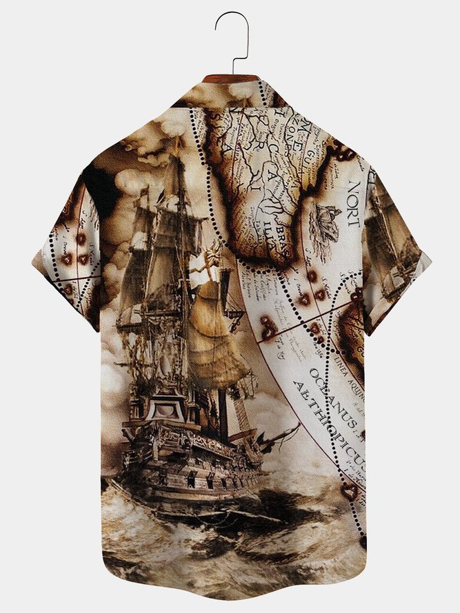Royaura 50’s Vintage Men's Hawaiian Shirt Pirate Ship Nautical Map Seersucker Wrinkle Free Oversized Aloha Shirts