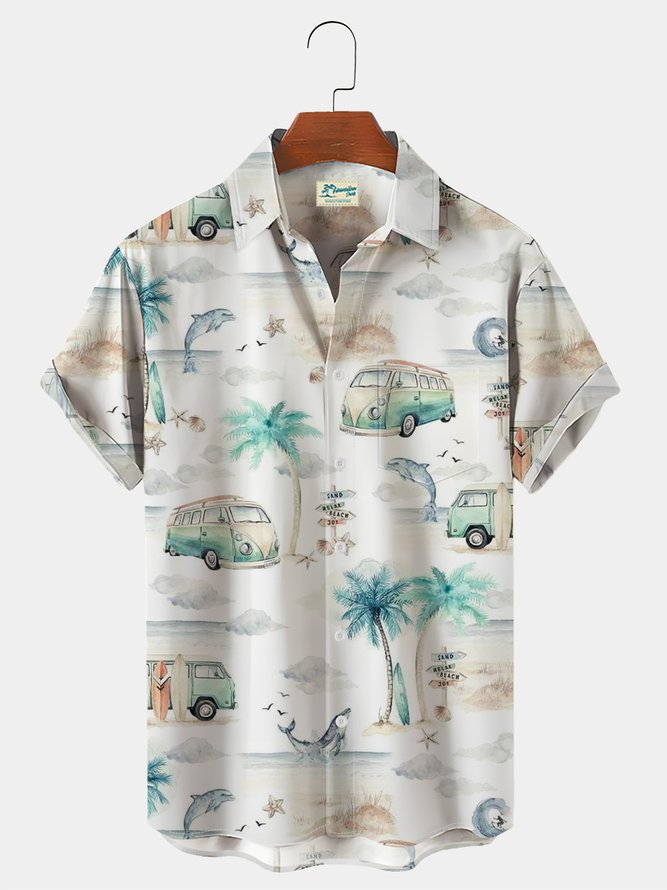 Royaura Holiday Tour Bus Coconut Tree Beach Men's Hawaiian Short Sleeve Shirt Wrinkle-Free Shirt