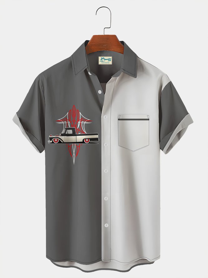 Royaura Car Graphic Men's Vintage Panel Hawaiian Short Sleeve Shirt