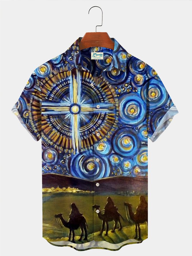 Royaura Vintage Casual Men's Hawaiian Shirts Jesus Van Gogh Art Stretch Plus Size Shirts