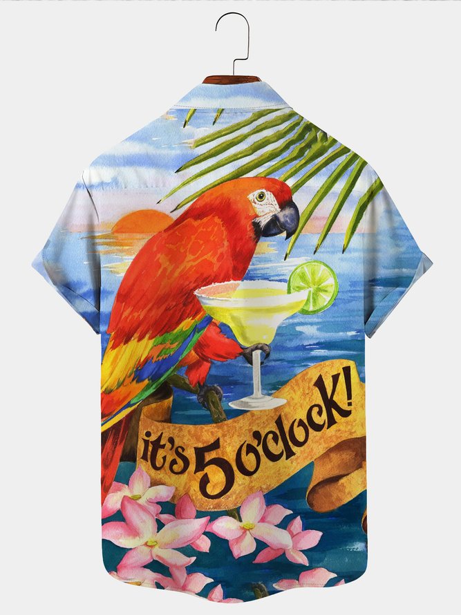 Royaura Holiday Beach Men's Hawaiian Shirt It’s 5 O’clock Somewhere Parrot Cocktail Oil Painting Art Stretch Quick Dry Plus Size Aloha Shirt