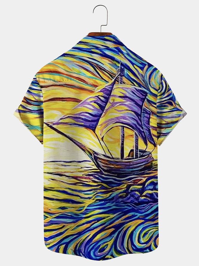 Royaura Vintage Nautical Beach Print Breast Pocket Hawaiian Shirt Plus Size Vacation Shirt
