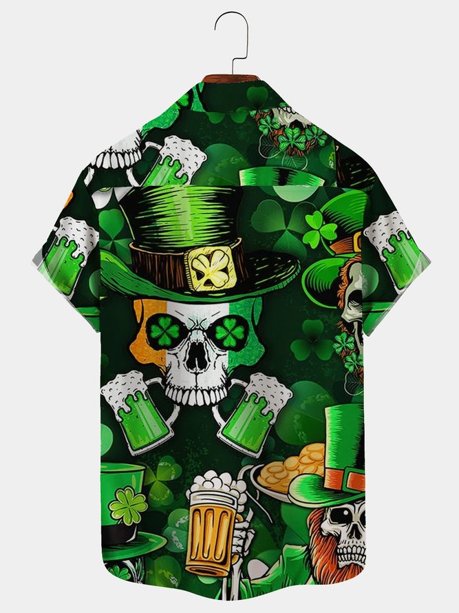 Royaura Vintage St. Patrick's Day Green Beer Shamrock Skull Breast Pocket Hawaiian Shirt Plus Size Shirt