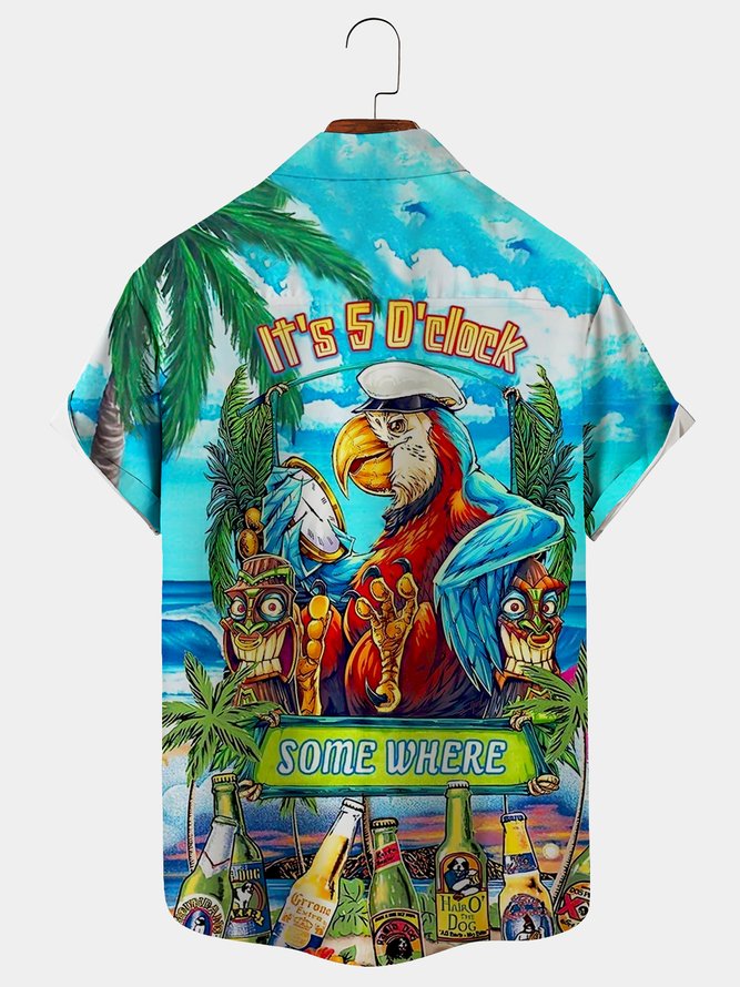 Royaura Parrot It’s 5 O’clock Somewhere  Drinking Bird Breast Pocket Hawaiian Shirt Plus Size Vacation Wrinkle-Free Shirt