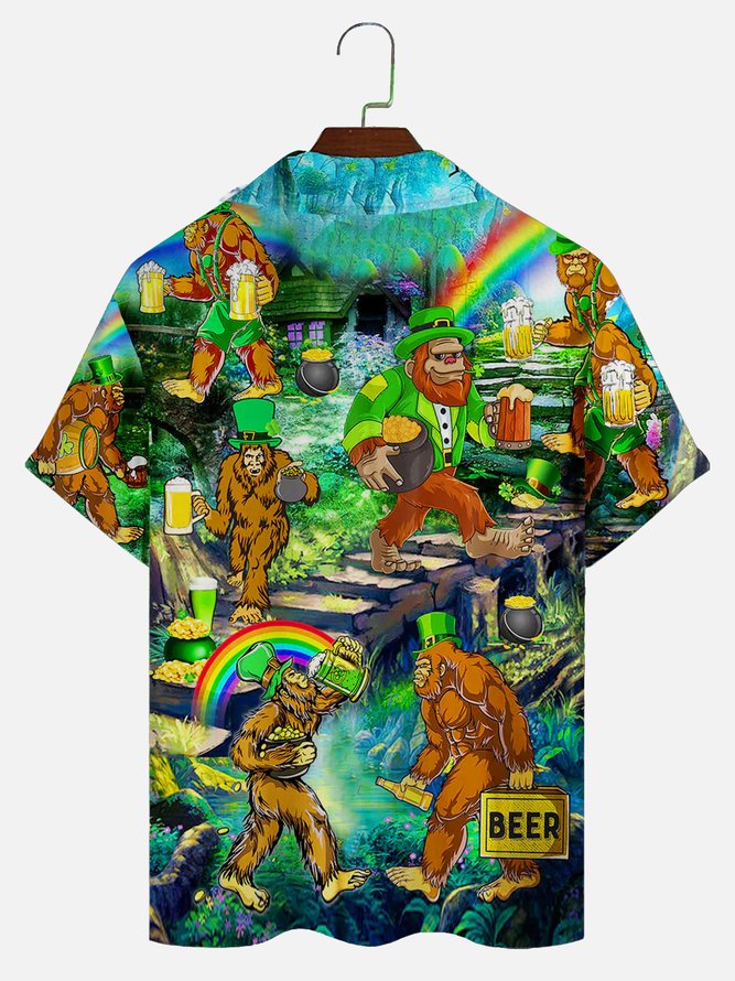 Royaura St. Patrick's Holiday Irish Bigfoot Monkey Drinks Beer Print Shirt Plus Size Holiday Shirt