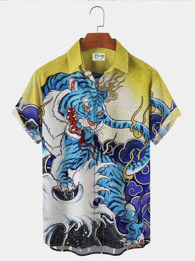 Royaura Japanese Vintage Oriental Men's Hawaiian Shirts Tiger Art Wrinkle Free Seersucker Large Size Aloha Shirts