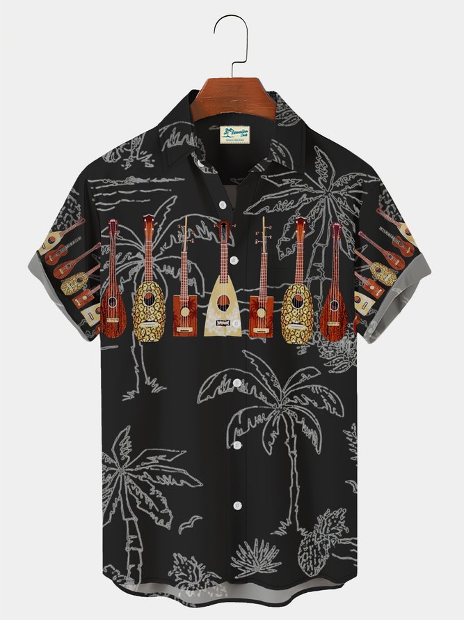 Royaura Vintage Guitar Coconut Tree Breast Pocket Hawaiian Shirt Plus Size Vacation Shirt