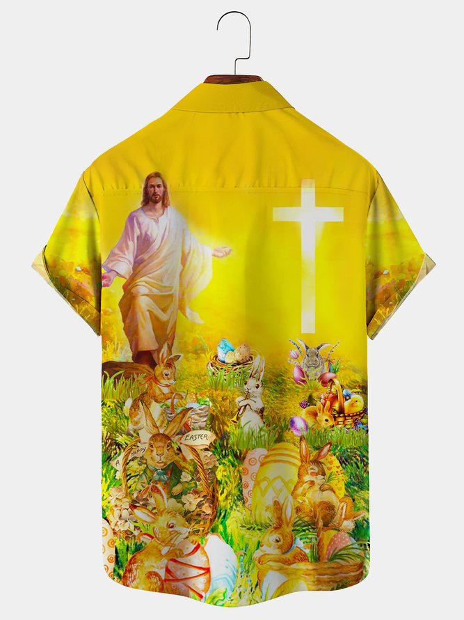 Royaura Easter Bunny Jesus Cross Breast Pocket Hawaiian Shirt Plus Size Vacation Shirt