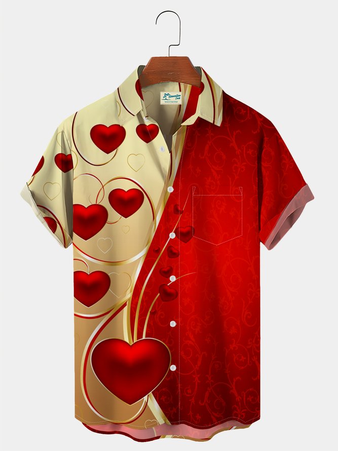 Royaura Valentine's Day Heart Pocket Hawaiian Shirt Oversized Vacation Shirt