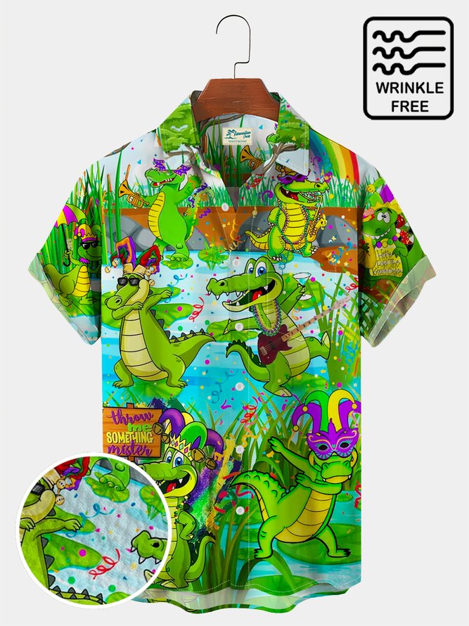 Royaura Mardi Gras Carnival Alligator Mask Chest Pocket Hawaiian Shirt Plus Size Vacation Wrinkle Free Shirt