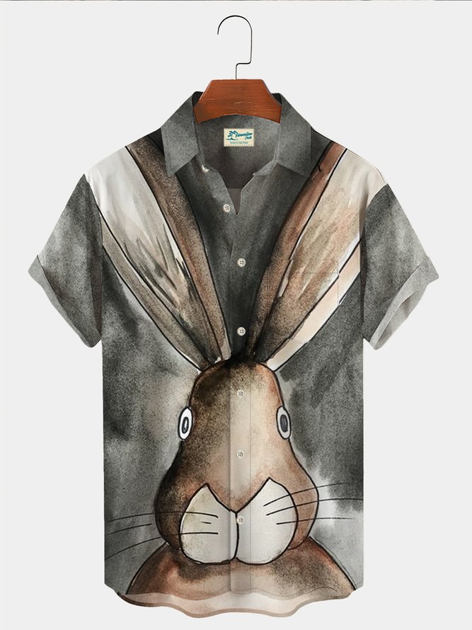 Royaura Holiday Easter Bunny Pattern Men's Hawaiian Shirts Cartoon Art Seersucker Anti-Wrinkle Plus Size Aloha Shirts