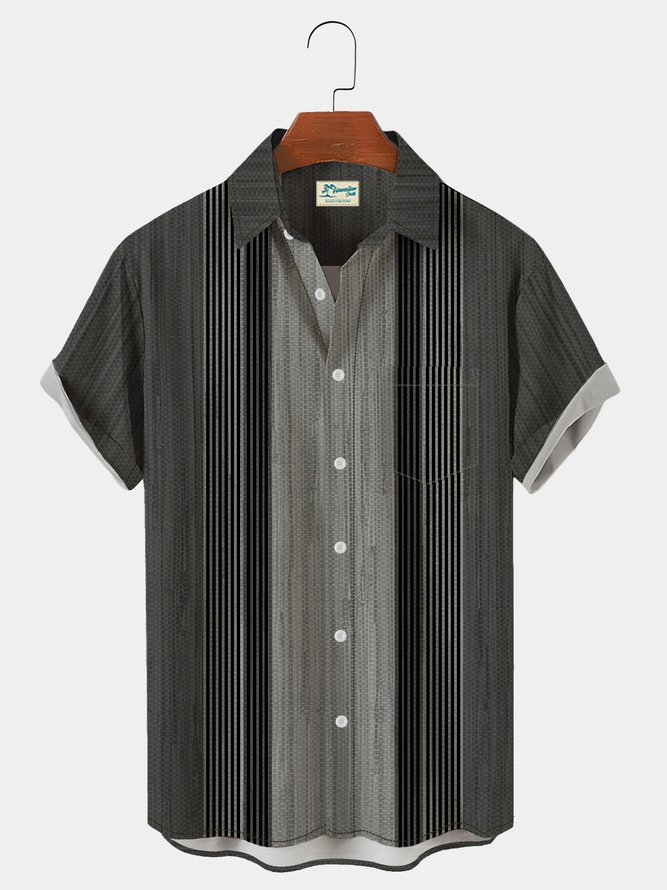 Royaura Gray Vintage Bowling Stripe Textured Printed Chest Pocket Vintage Shirt Plus Size Printed Shirt