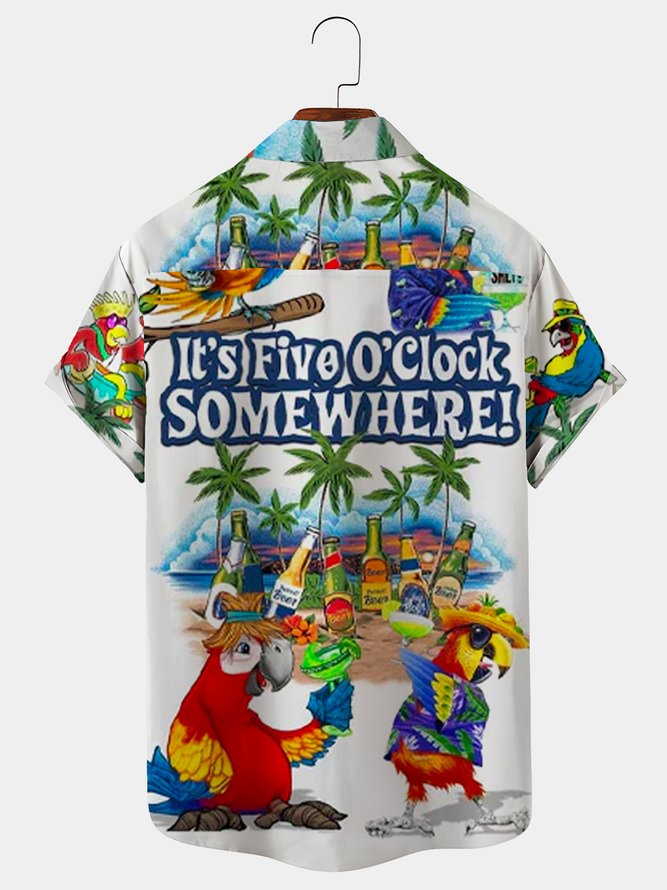 Royaura Parrot It’s 5 O’clock Somewhere  Drinking Bird Breast Pocket Hawaiian Shirt Plus Size Vacation Shirt