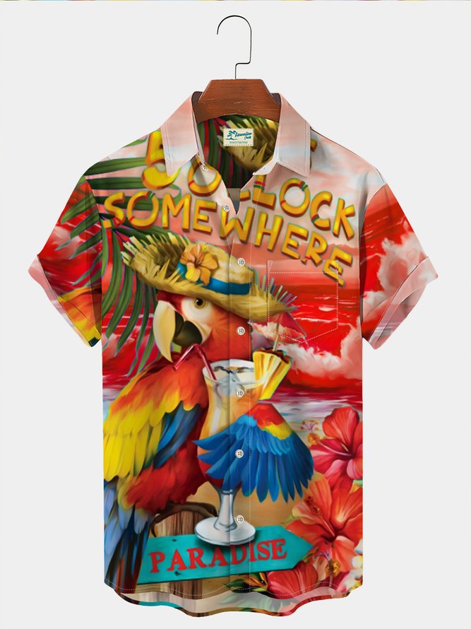 Royaura Holiday Beach Men's Hawaiian Shirts Parrot Cocktail Cartoon Stretch Oversized Aloha Shirts