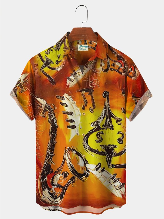 Royaura Vintage Sax Music Chest Pocket Hawaiian Shirt Plus Size Vacation Shirt