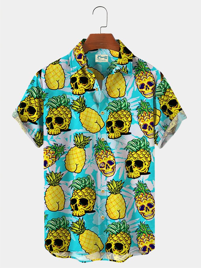 Royaura Blue Pineapple Skull Hawaiian Print Chest Bag Shirt Plus Size Holiday Shirt