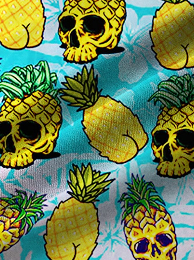 Royaura Blue Pineapple Skull Hawaiian Print Chest Bag Shirt Plus Size Holiday Shirt
