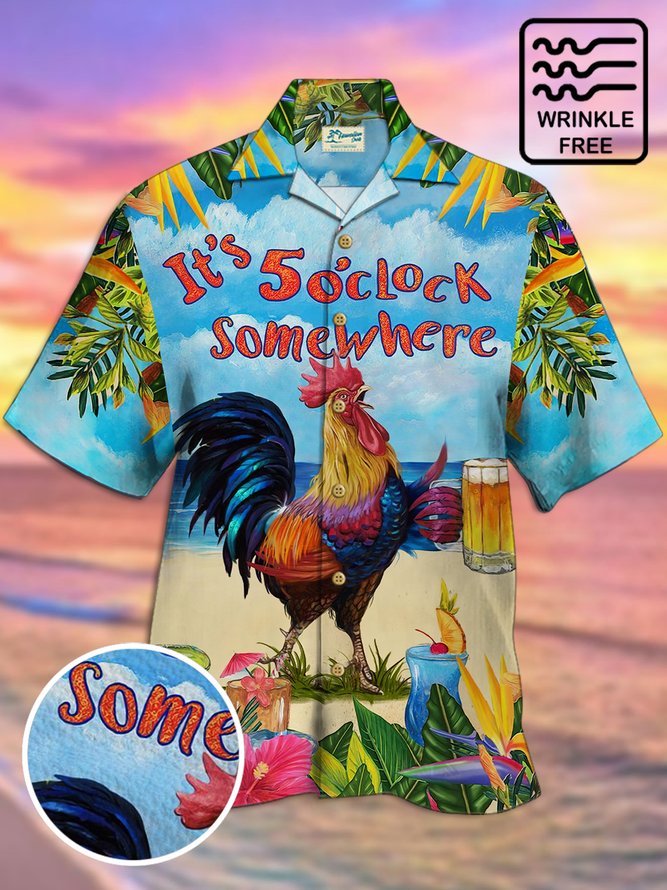 Royaura Holiday Beach Men's Hawaiian Shirts 5 O'clock Somewhere Rooster Art Cocktail Seersucker Wrinkle Free Aloha Shirts