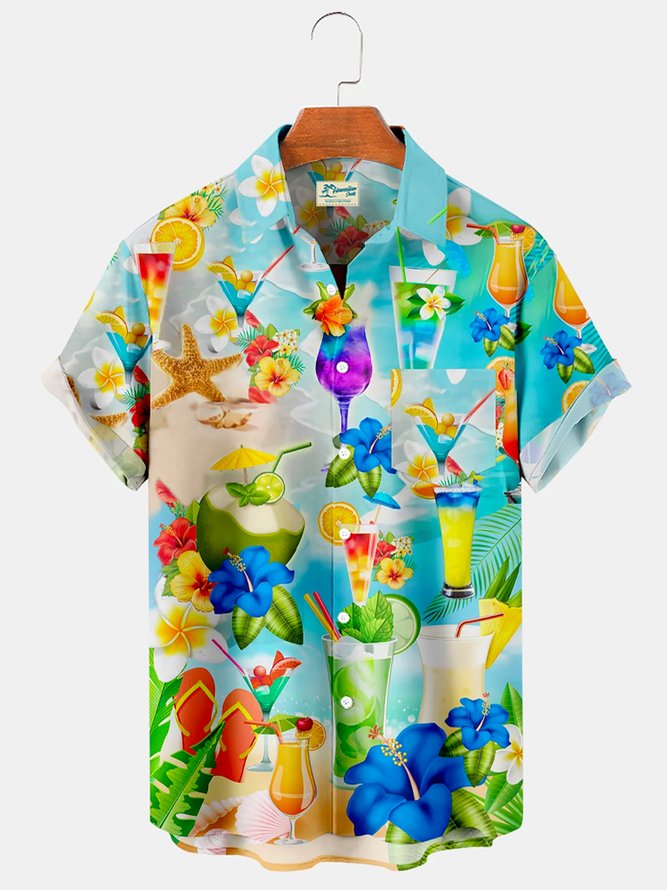 Royaura Cocktail Beach Hawaiian Breast Pocket Shirt Oversized Vacation Wrinkle Free Shirt