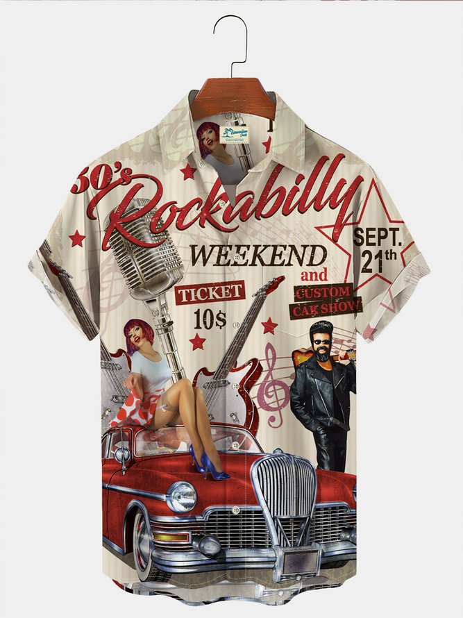 60s Retro Casual Men's Hawaiian Rockabilly Shirt Oversized Stretch Music Car Aloha Shirts