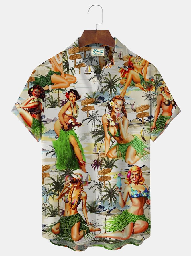 Royaura Vintage Men's Coconut Tree Hula Hawaiian Shirt Oversized Vacation Aloha Wrinkle Free Shirt